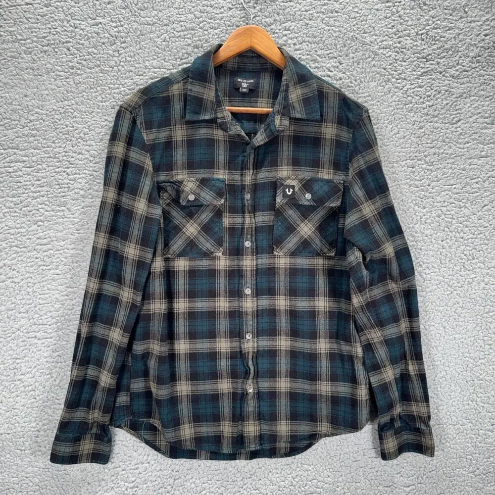 True Religion Flannel Shirt Mens M Green Plaid Western Triple Needle